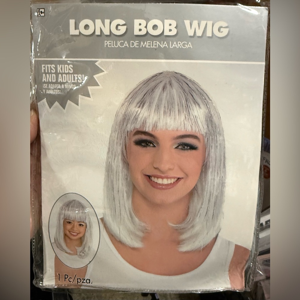 Long Bob Wig in Silver & White Fits Youth & Adult Halloween Costume Masquerade